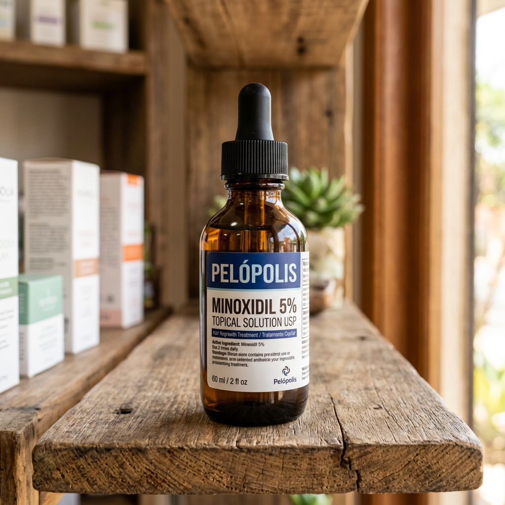 Pelópolis Minoxidil 5% topical solution bottle on wooden shelf