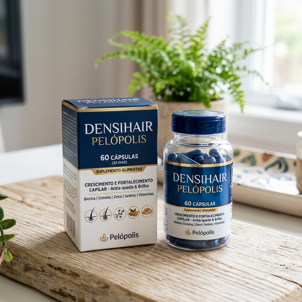 Densihair Pelópolis box and bottle containing 60 capsules for hair growth and strengthening