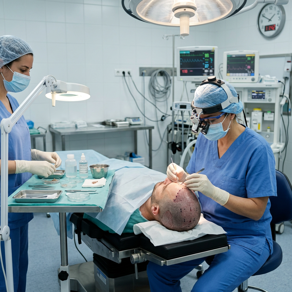 Medical team conducting a hair transplant surgery on a patient's scalp